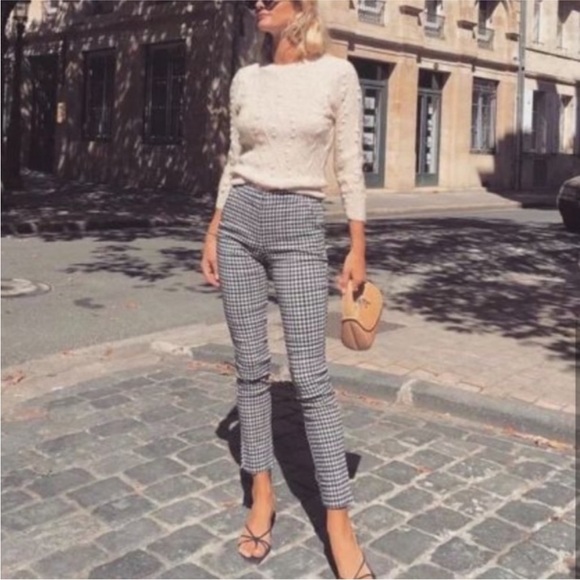 Zara Herringbone Trouser Pants Sz Large Ruffle Pockets High Rise Black White Red - Picture 1 of 15